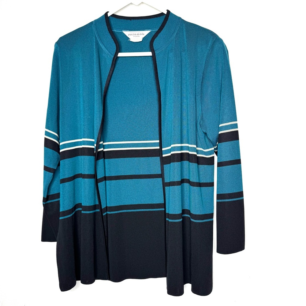Misook Teal Blue Striped Open Cardigan LP Office Work Mature Stretch Casual